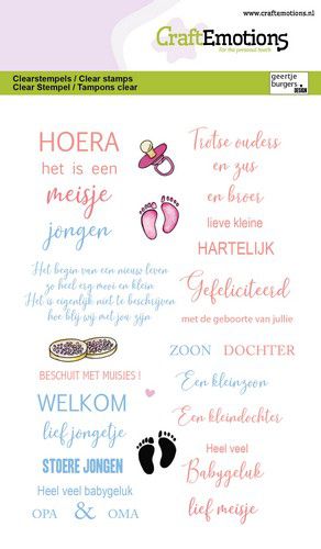 **-50%** CraftEmotions Geertje Burgers clearstamps A6 – Teksten Geboorte NL