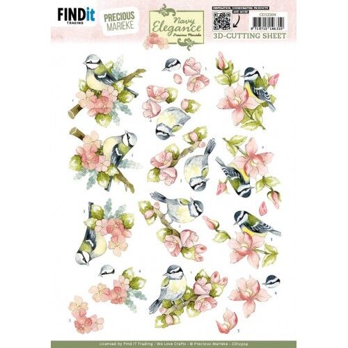 3D Cutting Sheet – Precious Marieke- Navy Elegance – Flower Bird