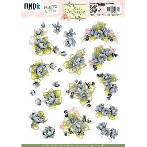 3D Cutting Sheet – Precious Marieke- Navy Elegance – Blue Flowers