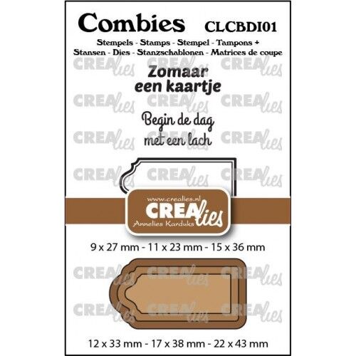 Crealies Snijmal + stempel – Combies Stempelsset Divers 01: 2 teksten + 1 tag/label