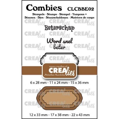 Crealies Snijmal + stempel – Combies Stempelsset Beterschap 02: 2 teksten + 1 tag/label
