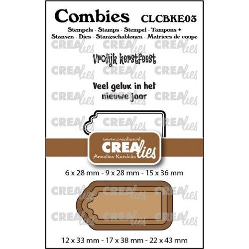 Crealies Snijmal + stempel – Combies Stempelsset Kerst 03: 2 teksten + 1 tag/label