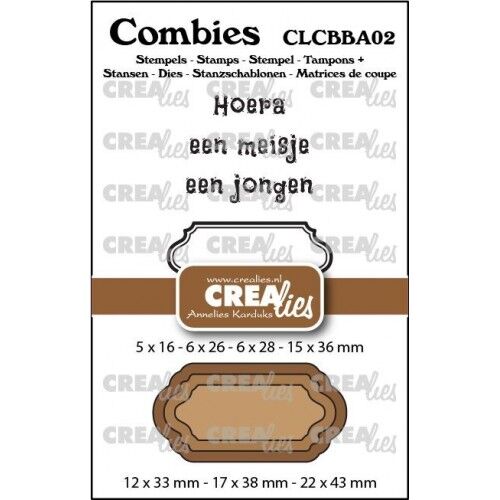 Crealies Snijmal + stempel  –  Combies Stempelsset Baby 02: 2 teksten + 1 tag/label